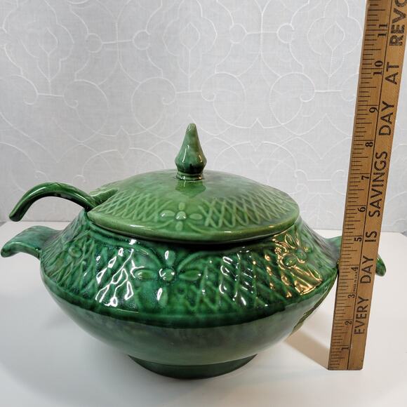 Marcia Of California Pottery Soup Tureen Green MCM Serving Bowl Ladle Lid USA - Picture 8 of 13